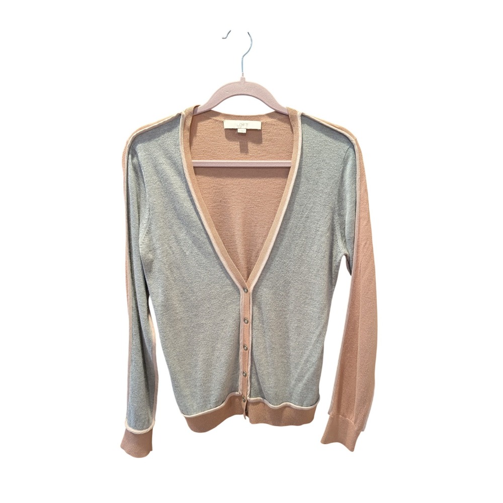 Loft Womens Cardigan Sweater Grey Tan Colorblock V-Neck Button Front M